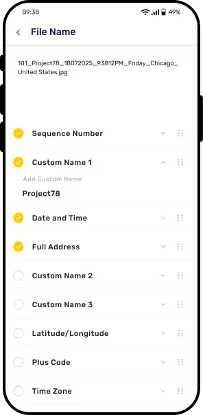 Setting automatic file names using sequence date and address on phone
